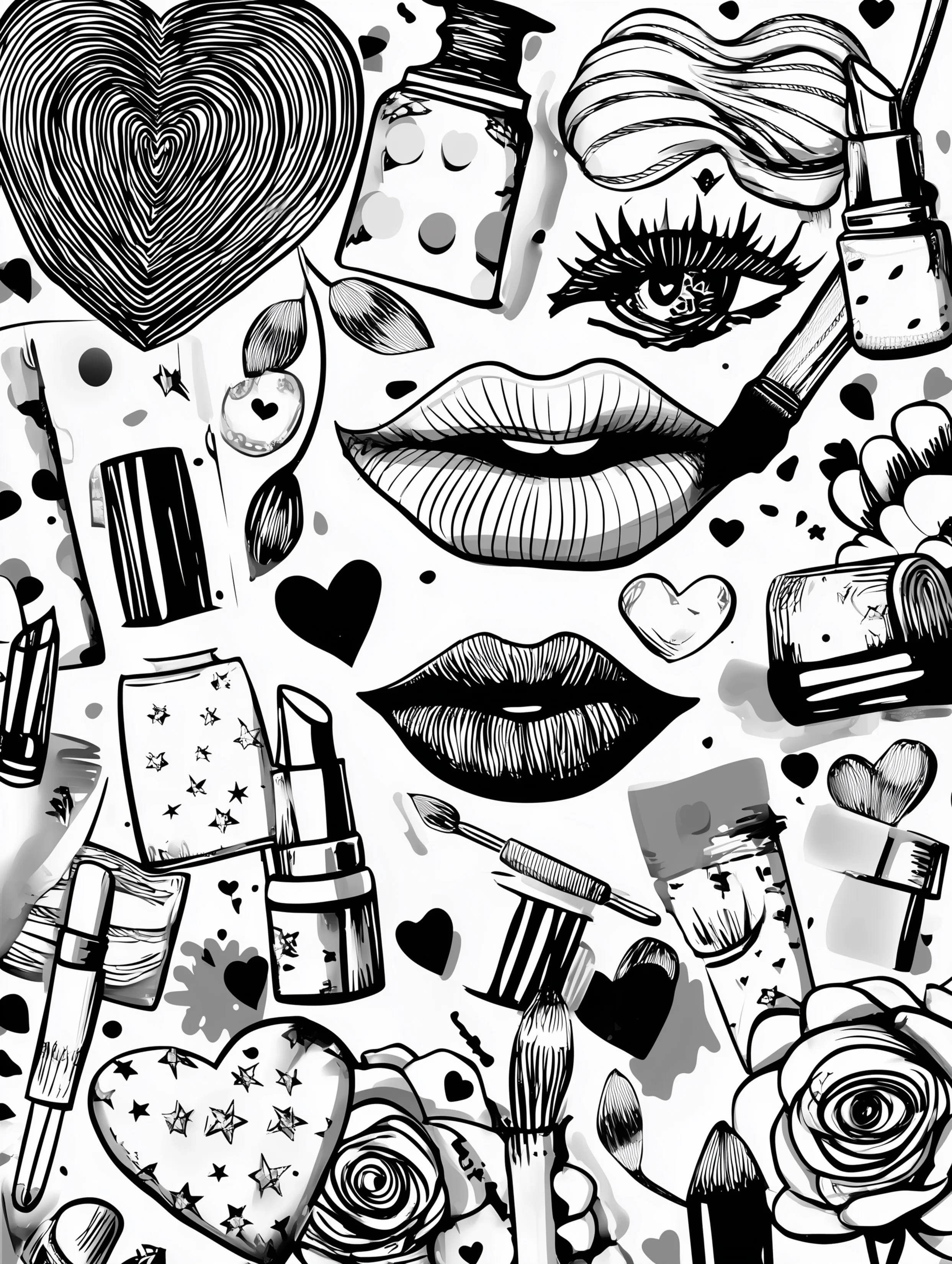 Free printable makeup coloring page for adults featuring a hand painting lipstick